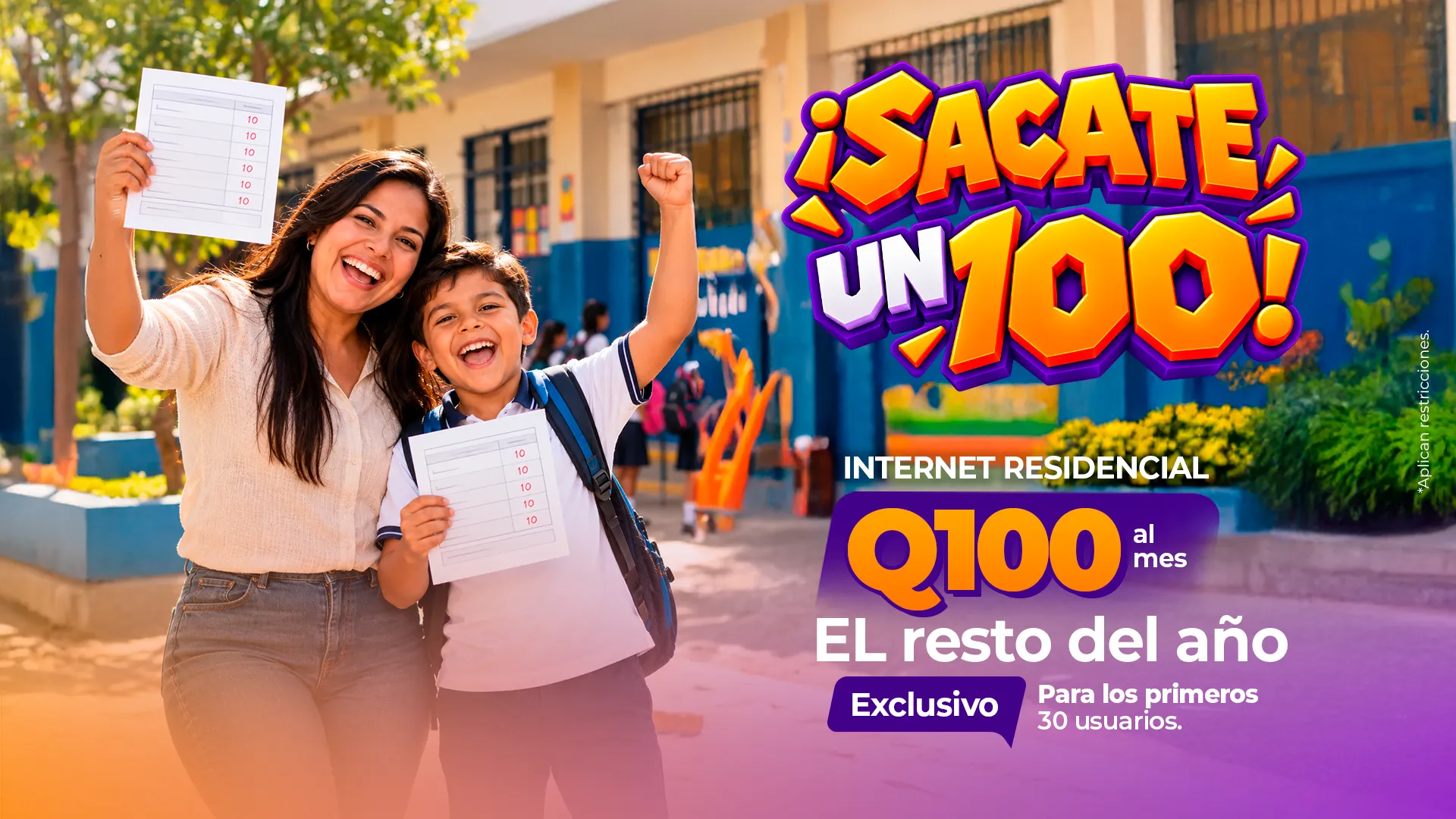 Conexión de a 100: Internet residencial a Q100 al mes durante el año 2026. Exclusivo para los primeros 30 usuarios. Aplican restricciones.